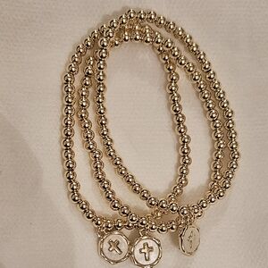 Gold Filled Stack Of Beaded Bracelets; Set Of Three; Cross Charm; Stretchy